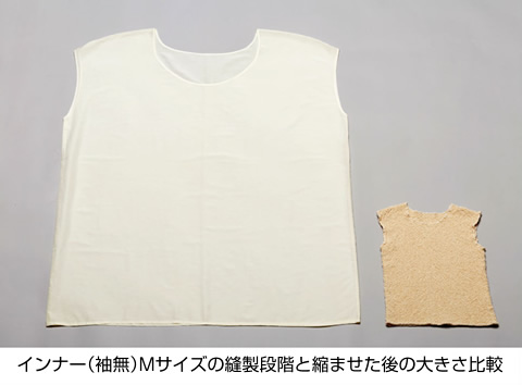 インナー（袖無）Mサイズの縫製段階と縮ませた後の大きさ比較